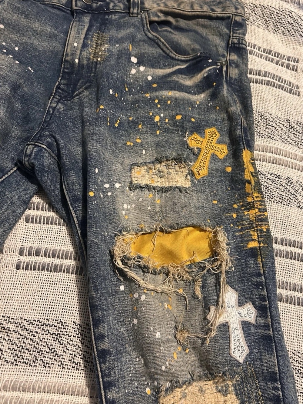 Smoke Rise Mens Jeans 32x32 Distressed Graffiti Paint Splatter Grunge Read Descr - Picture 7 of 11